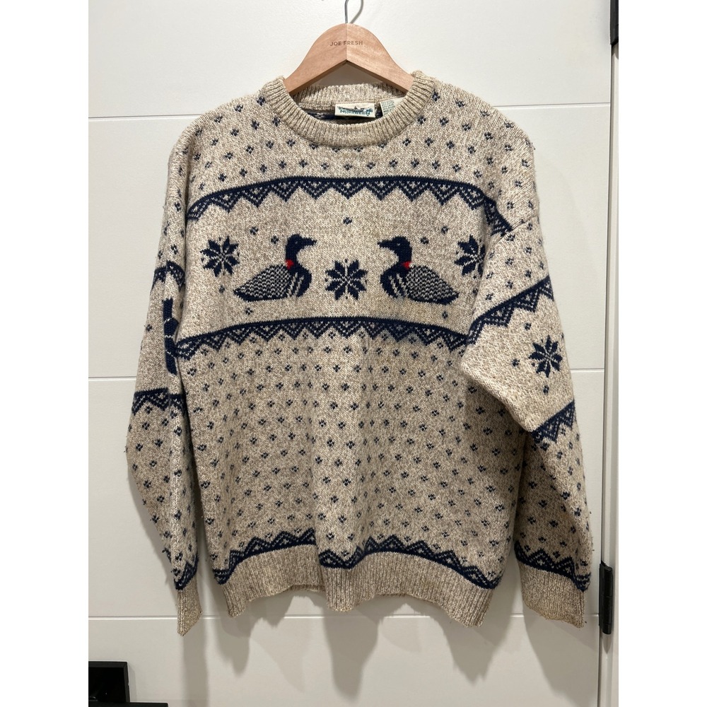 Northern Reflections Vintage Loon Bird Knit Sweater Beige Navy Wool Blend Large
